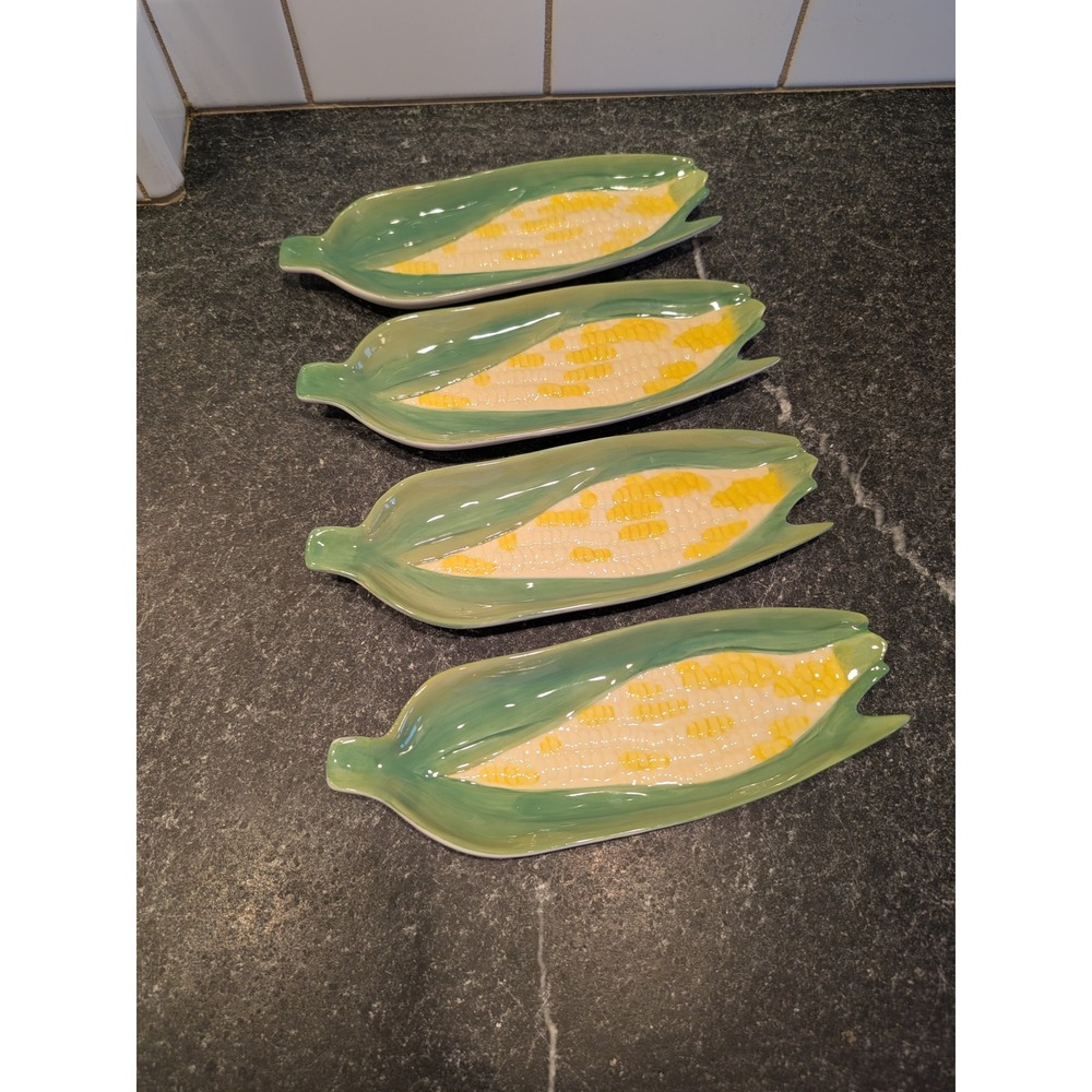 Anthropologie Corn on the Cob Dishes Set of 4 Ceramic Figural Green Yellow Husks